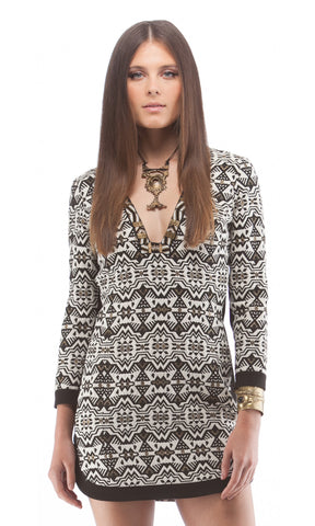 Long Sleeve Shift Dress With Beaded Trim